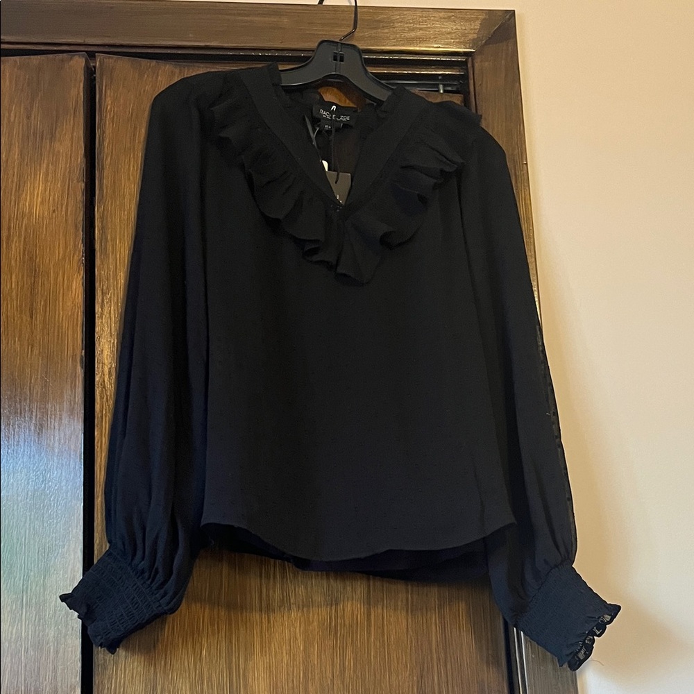 Rachel Zoe Elegant Black Blouse with Ruffles and Smocked Sleeves